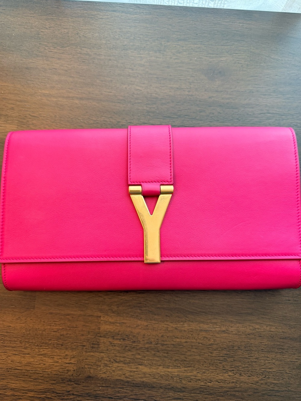 Authentic Saint Laurent Y Ligne Leather Clutch Fuchsia Pink Entrupy Certified